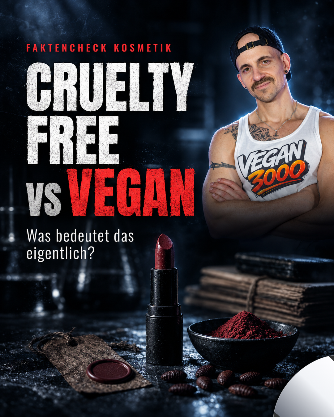 Slide 1 of 14: title image “Cruelty free vs vegan. What does it actually mean?”, Tobi in a Vegan-3000 shirt, in front of him a lipstick and red carmine powder