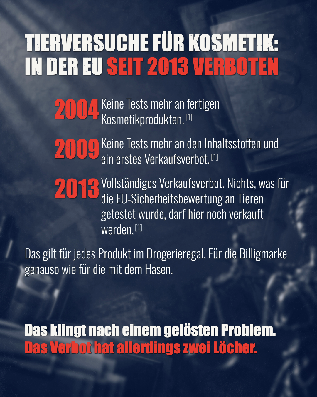 Slide 5 of 14: animal testing for cosmetics has been banned in the EU since 2013, the three stages 2004, 2009 and 2013