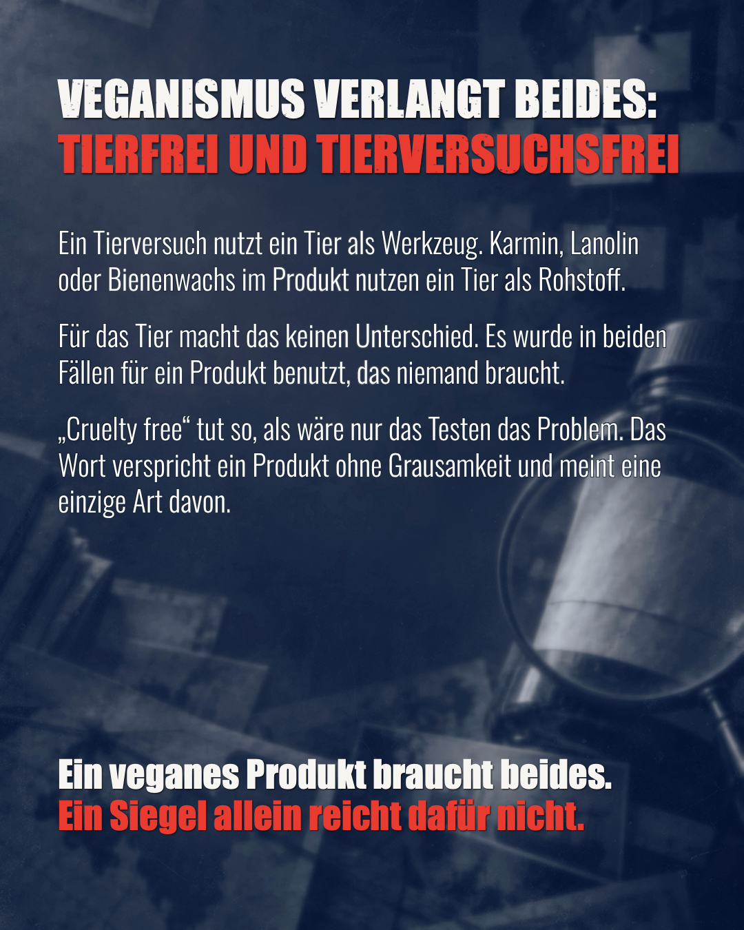 Slide 11 of 14: veganism requires both, free from animal ingredients and not tested on animals. Carmine, lanolin and beeswax use an animal as a raw material