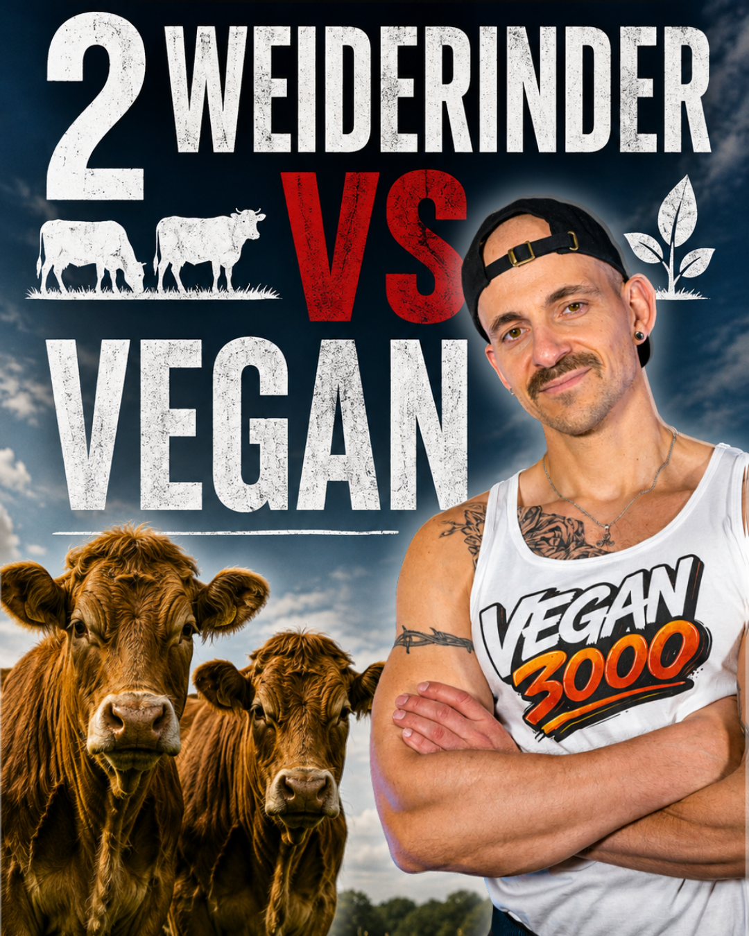 Slide 1 von 10: Titelbild „2 Weiderinder vs Vegan“ — zwei Rinder auf der Weide, daneben Tobi im Vegan-3000-Shirt